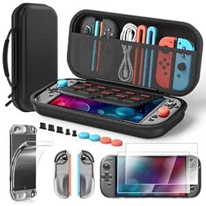 Accessories for Nintendo Switch 2 2025, Portable Hard Shell Carrying Case with 2 HD Screen Protectors (7.9 Inch), TPU Protective Skin, Dust Plugs Kit, 4 Thumb Grips – Switch 2 Accessories Bundle (Switch 2 Pur Balck)