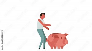 Stick Figure Color Pictogram Man Character Save Money In Piggy Bank