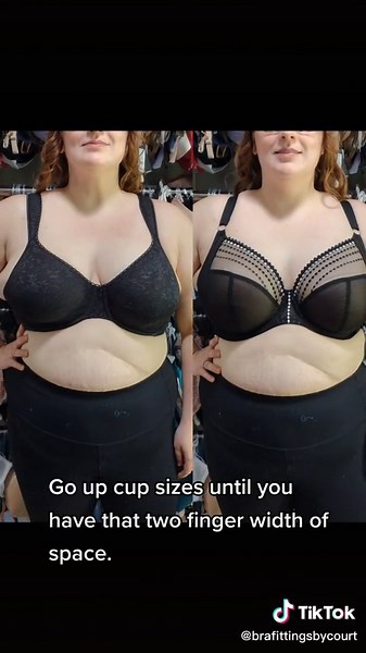 One easy way to tell if your cup size is too small, is to use the two finger rule. You want the bra to cover your breasts enough that there's a two finger width of space between your bra and your armpit. If there's more space than two finger width space, this means you need to go up a cup size.🤯36DD ➡️ 38G UK / 38I USWent up one band size and up four cup sizes. 🙌She's wearing the @elomilingerie Matilda. #bratips #tiktoklearn #didyouknow #womenownedbusiness #brafittingsbycourt #fashiontik