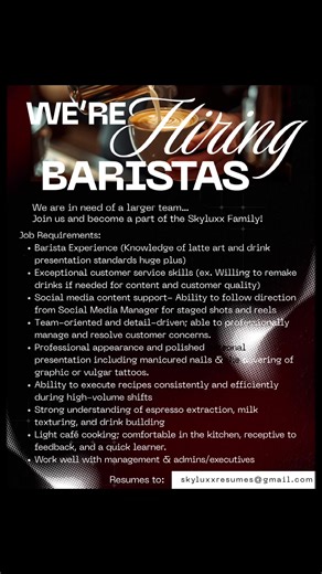 Join the Skyluxx Family: Exciting Barista Opportunities