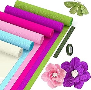 57pcs Crepe Paper Roll for Flower Making, 6 Rolls Rainbow Crepe Paper Streamers w Green Floral Iron Wire and Floral Tapes Crepe Papers Sheets DIY Kit for Birthday Wedding Holiday Party Decorations