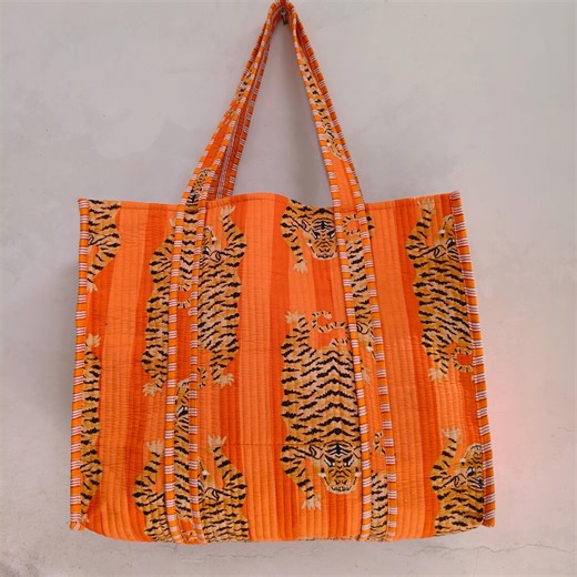 Tiger Print Tote Bag Quilted Cotton Indian Bag Shoulder Travel Shopping Beach Market Bags - Etsy