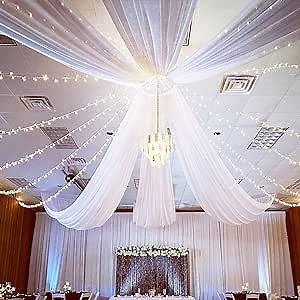 FUHSY White Ceiling Drapes for Wedding Arch Draping Fabric 4 Panels 5x20FT Chiffon Wedding Arch Drapes Sheer Bed Canopy Curtains Wedding Backdrops for Reception Ceremony Swag Arbor Archway Tent Drapes