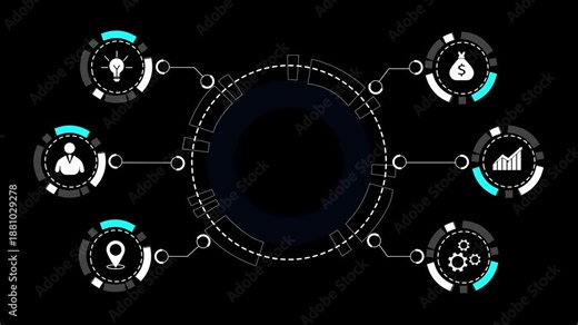 Project management visualized through a futuristic HUD interface with connected planning, finance, and workflow icons. Digital control panels show task tracking, progress analysis coordination.
