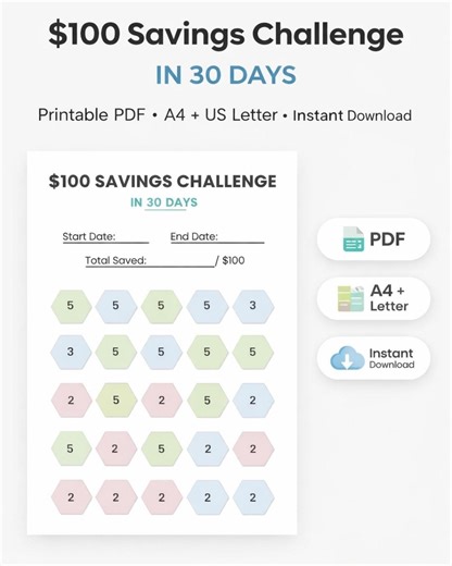 100 Savings Challenge Printable | 30 Day Money Saving Tracker | Hexagon Savings Chart | A4 and US Letter PDF | Instant Download - Etsy