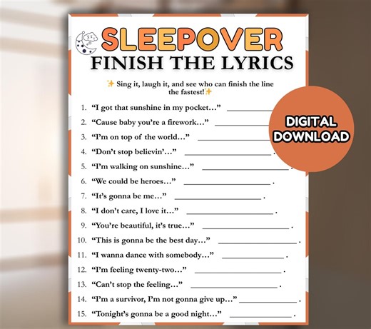 Sleepover Finish the Lyrics Game | Fun Music Party Game for Teens & Friends | Printable Sleepover Night Singing Activity - Etsy