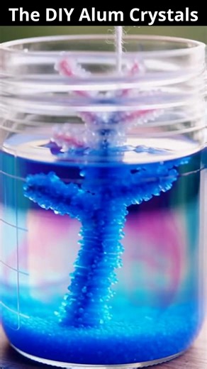Watching these alum crystals grow is so satisfying - perfect for kids, teens, and curious adults 💠🧪🌟 Ingredients: ½ cup alum powder (potassium aluminium sulphate) 1 cup very hot water A few drops of liquid food colouring (optional) 1 clean glass jar 1 piece of cotton string 1 small stick, pencil, or skewer 1 small weight (paperclip or metal bead) Protective gloves (optional) Directions: Pour the hot water into a clean glass jar. Add the alum powder gradually, stirring until fully dissolved. C