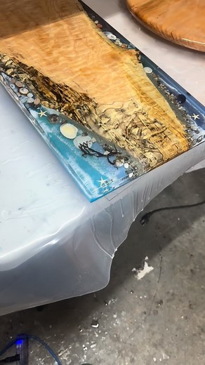Late night in the epoxy studio finishing up a few table tops & charcuterie board ocean themed designs. Wow is all I have to say, they look so amazing!! | B-Rad Designs: Live-Edge and Epoxy Artist
