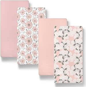 The Peanutshell Baby Organic Bassinet Sheets 4-Pack Unisex - Soft, Oval & Rectangle Baby Girls or Boys Sheet, 100% Jersey Cotton, Fitted Covers for Crib, Halo Bassinet Mattress - Cottage Floral