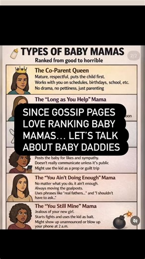 Every week I see “types of baby mamas” posts… Dragging women who are out here doing the heavy lifting. So here’s the remix..... Because let’s be real! Most of us are not plotting, bitter, or obsessing over the other parent. We’re: • Raising our babies • Building businesses • Healing • Protecting our peace • Creating stable homes • And moving forward Some of us tried to co-parent for YEARS and were met with chaos… so we chose calm instead. No drama. No social media battles. No late-night argument
