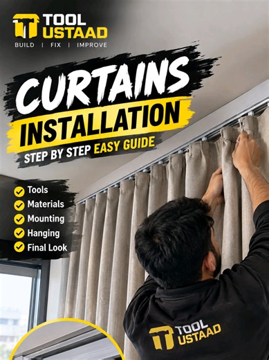 Installing curtains at home? Here's a simple, practical DIY guide! 🛠️ From fitting the rod to hanging the curtains, watch the process step by step. Follow Tool Ustaad for more practical DIY projects. #ToolUstaad #SagarShaikh #CurtainInstallation #DIYHome #HomeImprovement