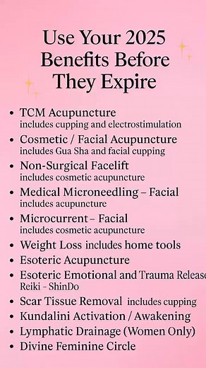 ✨ Reminder: Your 2025 benefits can be used for ALL of my services. If you’ve been waiting for the right moment to invest in your healing, beauty, and transformation — this is it. January is coming, and your coverage will reset. Here’s everything you can book using your benefits: 🥰 TCM Acupuncture (includes cupping electro-stim) 😍 Cosmetic / Facial Acupuncture (includes Gua Sha facial cupping) ☺️ Non-Surgical Facelift (includes cosmetic acupuncture) 🪡 Medical Microneedling – Facial (includes a
