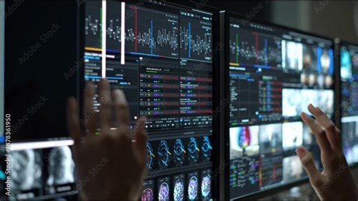 Neuromorphic Computing. Brain-Inspired Computing. Neuromorphic Chips. Cognitive Hardware. Robotics. Low-Power AI. Close-up of computer screens displaying advanced facial analysis technology.