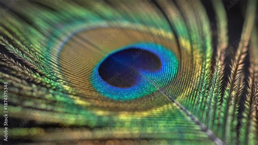 Extreme close-up of a peacock feather eye with vibrant iridescent colors macro