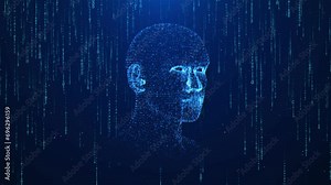 Future AI tech machine learning, face data flow on blue background. cyber mind Human fast digital computing, robot revolution Big data, artificial intelligence. deep learning computer virtual machine