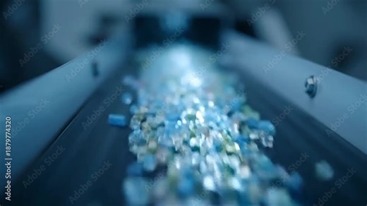 Recycling conveyor belt with plastic bottles in motion