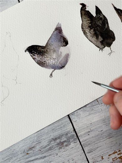Myroslava Boikiv Art on Instagram: "I’ve completed this commission: 7 little chickens, each with its own name: Lari, Fari, Janni, Sanni, Frau Bödefeld, Vanilli, and Milli painted in watercolour and inks with a touch of salt on watercolour paper. This little flock is now ready to find its home. Which chicken would make you laugh the most? #art #watercolour #ink #chickens #hens"