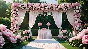 A stunning outdoor wedding ceremony setup with a floral archway, white drapes, and a white aisle runner.