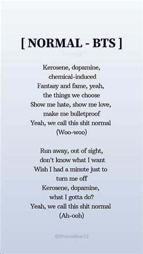BTS 'Normal' song lyrics #btssongs #bts#btsnormal#lyrics#songlyrics#kpopsong#jungkook#jimin#fypシ