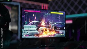 Melee Combat Simulator Player Wins Round Against Internet Multiplayer Mode Opponent. Player Winning Video Game Match. Enjoying Simulator On PC. Simulator On Computer Display. Player Wins Fight