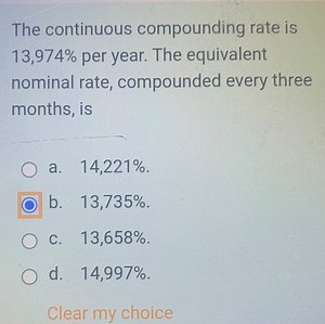 The continuous compounding rate is 13,974% per year. Determine the equivalent nominal rate compounded quarterly from the following options: