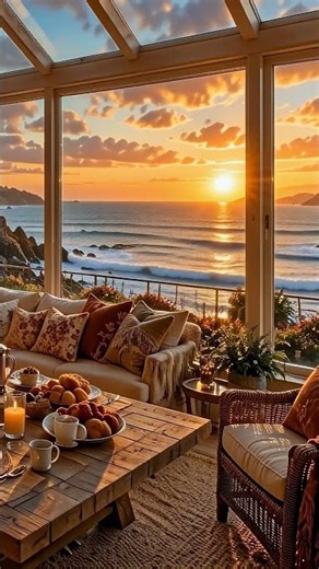Autumn Oceanfront Sunroom Retreat 🍂🌅 | Ocean Waves & Fireplace Ambience