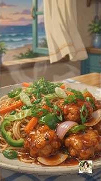 A Cozy Beach Holiday Cooking | Chicken Manchurian & Chowmein ASMR | Cozy Anime Cooking.