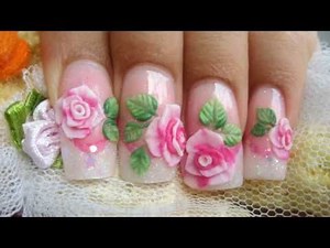 How to make pink 3D acrylic roses cute glitter nails kawaii