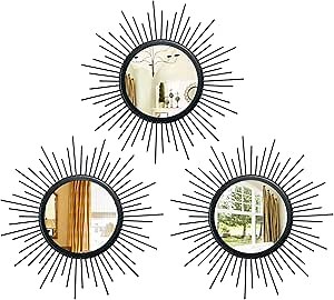 3 Set Sunburst Mirrors for Wall Decor Living Room Bedroom Bathroom Dining Room Metal Boho Sunburst Wall Mirror Set Gold Metal Vintage Circle Art Pack - Black 11.8 in