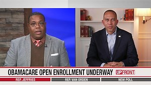 "This is not a debatable issue." House Minority Leader Hakeem Jeffries on Obamacare subsidies, negotiations with GOP and Trump admin report that says most people would still have access to plans $50 a month or less if subsidies aren't expanded: "That's a stone cold lie." | Matt Smith