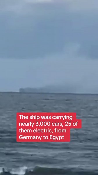 48K views · 1.1K reactions | A cargo ship in the North Sea caught fire, while transporting nearly 3000 cars from Germany to Egypt. The blaze killed at least one person and injured several. A coastguard spokesperson said an electric vehicle was the suspected source of the fire.  Click the link in bio to see more #cargoship #electriccar #fire | Sky News | Facebook