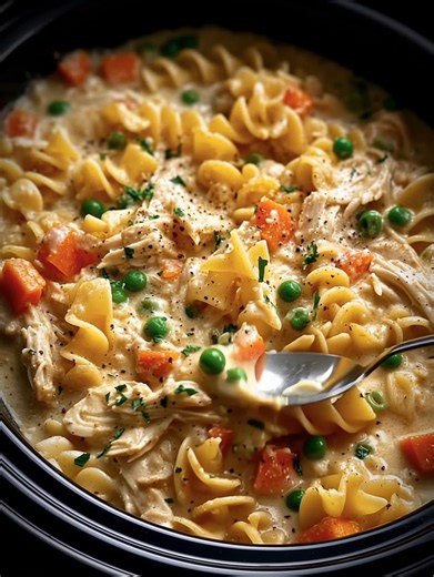 Slow Cooker Chicken Pot Pie Pasta Instructions Only Place chicken, broth, cream soup, seasonings, carrots, peas, and onions into the slow cooker. Cover and cook on LOW 5-6 hours or HIGH 3-4 hours, until chicken is tender. Remove chicken, shred it, and return it to the slow cooker. Stir in uncooked pasta. Cover and cook 20-30 minutes, stirring once, until pasta is tender. Add cream or milk and stir until creamy and smooth. Taste and adjust seasoning. Serve hot for a cozy pot-pie-style pasta dish