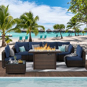 Gaildon 8 Piece Patio Furniture Set with Fire Pit Table, All Weather Outdoor Sectional PE Rattan, Patio Conversation Sets with Cushions and Glass Coffee Table for Garden Lawn Balcony Porch Deck