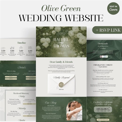 Olive Green Wedding Website | Editable Canva Website Template With RSVP Form - Etsy