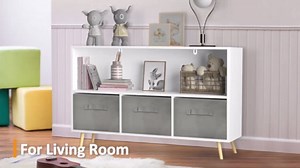 Kids Bookcase and Bookshelf Multi Shelf Cubby with 3 Collapsible Fabric Drawers Kid's Book and Toy Display Rack Toy Storage Cabinet Organizer for Playroom Nursery Children's Room School, White+Grey