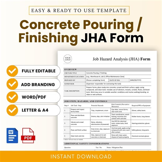 Concrete Pouring / Finishing Job Hazard Analysis (JHA) Form Template – Word & PDF, A4   US Letter - Etsy