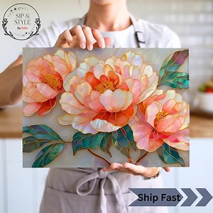 Peony Stained Glass Style Cutting Board: Tempered Glass Kitchen Art - Etsy