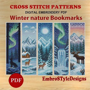 5 Bookmarks Winter Nature Cross Stitch Patterns, Snow Mountain, Handmade Bookmark Embroidery, PDF File - Etsy