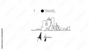 Animation of one line drawing Abidjan city skyline, Ivory Coast. Historical town landscape in world postcard. Best holiday destination. Editable continuous line self draw animated. Full length motion.