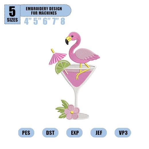 Flamingo Cocktail Embroidery Pattern, Pink Martini Summer Drink Design, Preppy Beach Stitch File, Machine Embroidery, Instant Download - Etsy