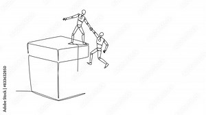 Animation of continuous line drawing smart robotic helps colleague climb the big gift box. Integrated teamwork to reach highest level for rewards. One line self drawing animated. Full length motion