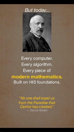 The Abstract Mind on Instagram: "The man who broke infinity. 🔥 Georg Cantor proved the impossible: some infinities are BIGGER than others. The mathematical establishment called him a madman. His former mentor tried to destroy his career. He was mocked, ridiculed, and pushed to the edge. He died in an asylum in 1918. But today? Every computer. Every algorithm. Every piece of modern mathematics is built on HIS foundations. "No one shall expel us from the Paradise that Cantor has created." — David