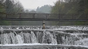 Flock of swallows flying low over Krka river in Slovenia. View of little birds in the air. Famous river cascades. Low angle view of wooden bridge. Static shot, real time