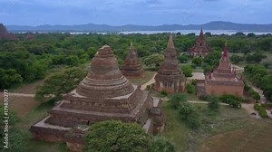 Aerial view of ruins in Old Bagan Archaeological Park with ancient temples, pagodas and stupas around Mee Nyein Gone Phaya Temple, Old Bagan, Burma (Myanmar)