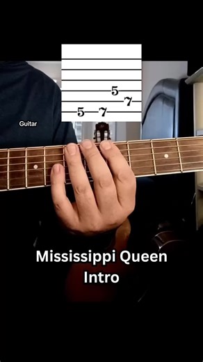 Mississippi Queen Intro Easy Guitar Lesson How to play Mississippi Queen by Mountain on guitar. The part focuses on the first four notes of the intro, built around a simple single note pattern with strong rhythm and attack. When played with steady timing and a confident feel, it captures the energy that makes this riff instantly recognizable. A great example of how a few notes can be both easy and fun for beginner guitar players while still sounding powerful. #guitarlesson #guitartok #mountain