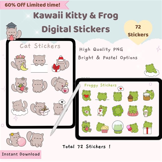 Kitty & Frog Digital Stickers, Digital Planner Stickers, Kawaii Digital Stickers, PNG Stickers, Cute Digital Stickers, Goodnotes Stickers - Etsy