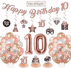 62Pcs 10th Birthday Decorations for Girls Rose Gold, Happy 10th Birthday Balloons Letter Banner Hanging Swirls Honeycomb Centerpieces, Number 10 Balloons, Birthday Party Supplies Kit