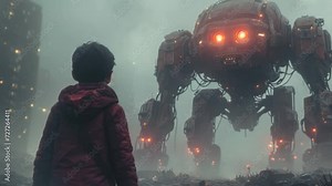 Boy watch giant robots invasion. Rise of Machines concept. Scary future. Cyborg attack city. Post apocalypse. Technology destroy world. Artificial intelligence war. Little kid stare large transformer.