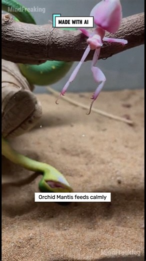 Orchid Mantis stops a green python mid strike The entire enclosure flips in seconds #OrchidMantis #GreenPython #NatureDrama #InsectWorld #WildMoments ⚙️ AI-generated nature dramatization — no real creatures involved. | MindFreaking