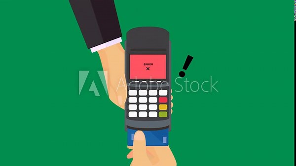 Credit card payment declined flat animation with card inserted into EDC, processing screen, error icon, red alert, and no receipt slides out on green screen. 4K animated for business and payment.